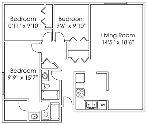 Floor plan for 3 beds, 2 baths, 1247 sqft